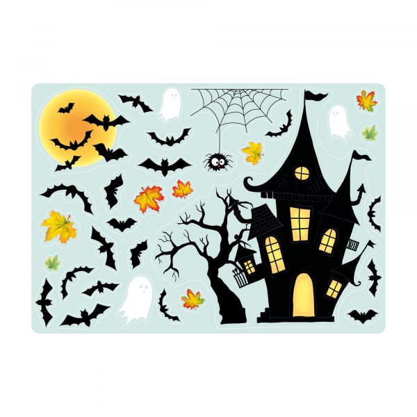 Auf dem Bild ist das Produkt: Fensterbild Halloween Haus Gruselhaus Spinnennetz Fledermäuse Gespenster Fensterdeko Kinderzimmer Fensterfolie zum Preis von €13.90 abgebildet.