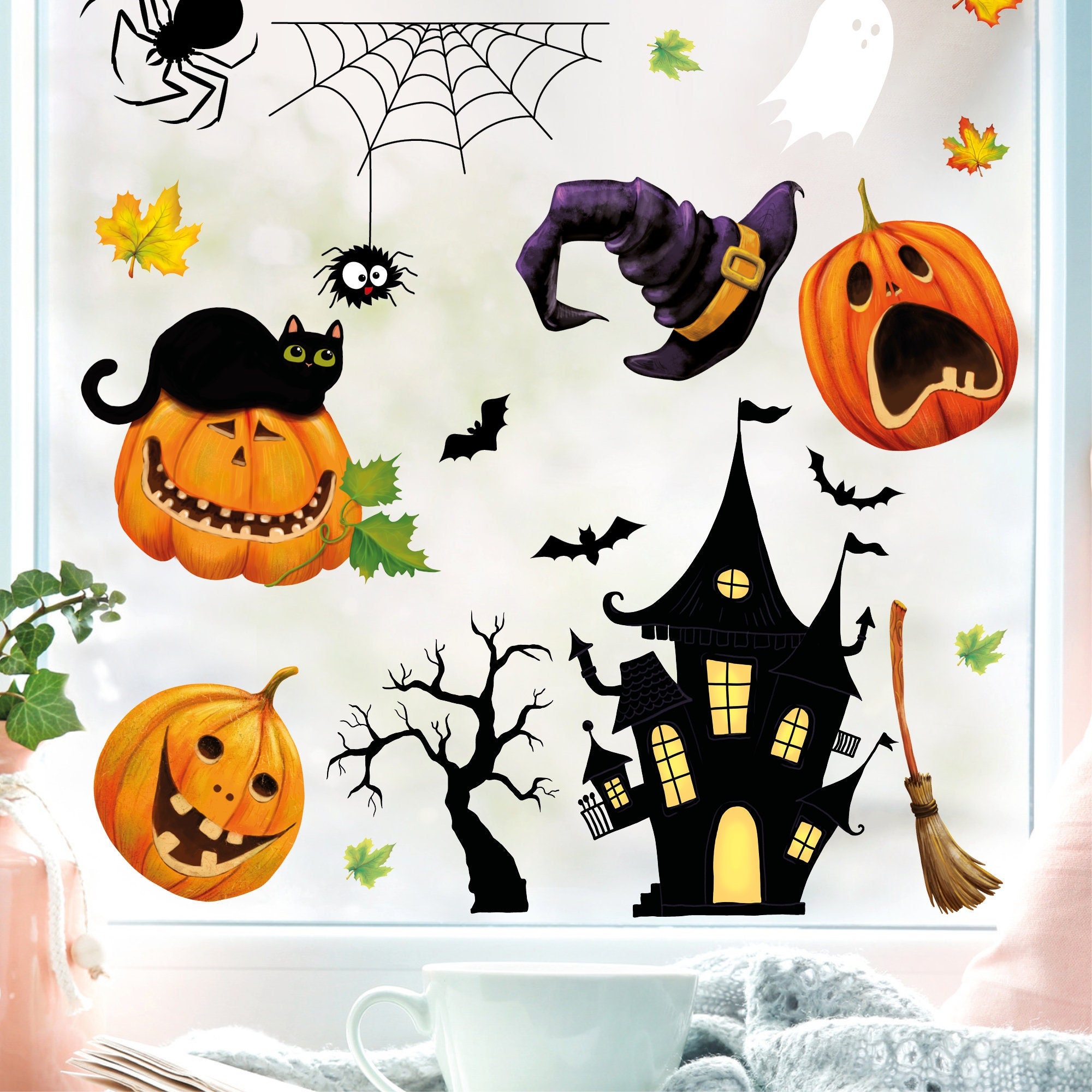 Fensterbild Halloween Katze Kürbisse Spinnennetz Fledermäuse Gruselhaus Fensterdeko Kinderzimmer Kind Fensterfolie Fensterdekoration