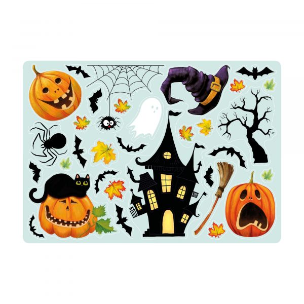 Auf dem Bild ist das Produkt: Fensterbild Halloween Katze Kürbisse Spinnennetz Fledermäuse Gruselhaus Fensterdeko Kinderzimmer Kind Fensterfolie Fensterdekoration zum Preis von €13.90 abgebildet.