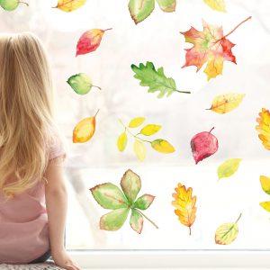 Auf dem Bild ist das Produkt: Fensterbild Herbst Blätter Herbstblätter bunt farbig wiederverwendbare Fensteraufkleber Kinderzimmer Baby Kind zum Preis von €13.9 abgebildet.