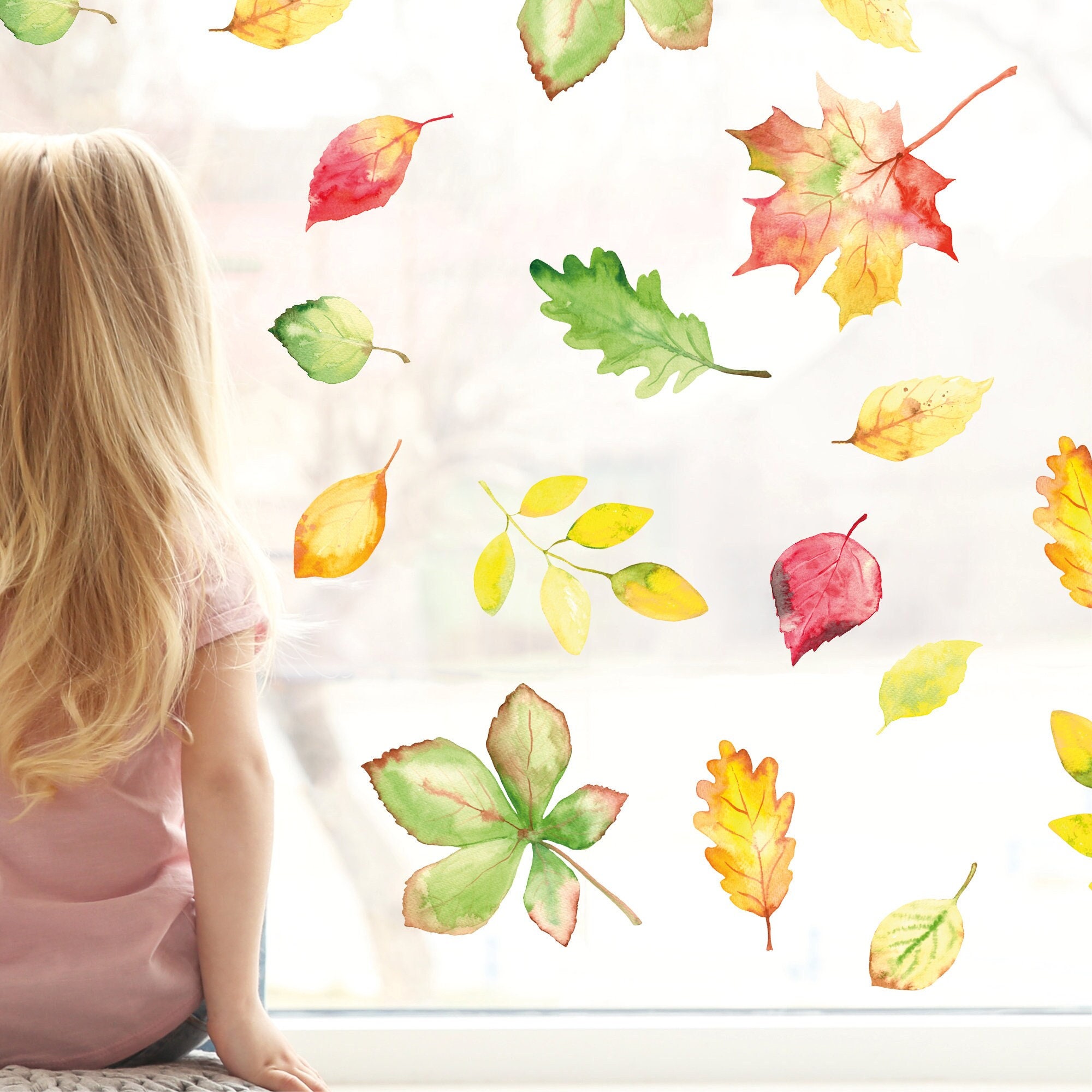 Fensterbild Herbst Blätter Herbstblätter bunt farbig wiederverwendbare Fensteraufkleber Kinderzimmer Baby Kind