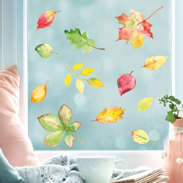 Auf dem Bild ist das Produkt: Fensterbild Herbst Blätter Herbstblätter bunt farbig wiederverwendbare Fensteraufkleber Kinderzimmer Baby Kind zum Preis von €13.9 abgebildet.