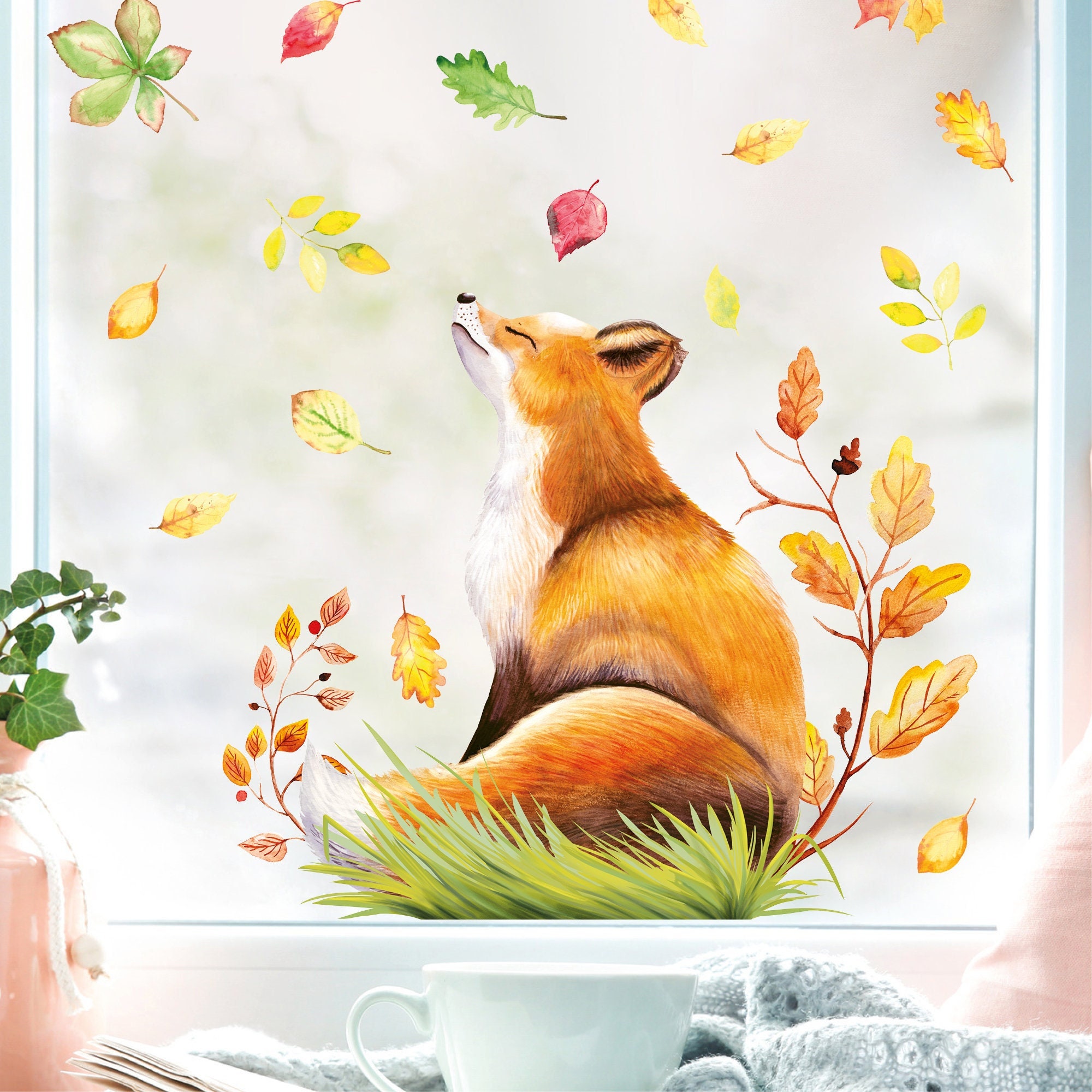 Fensterbild Herbst Fuchs im Profil mit Blättern, herbstlicher Fensteraufkleber Fensterdeko