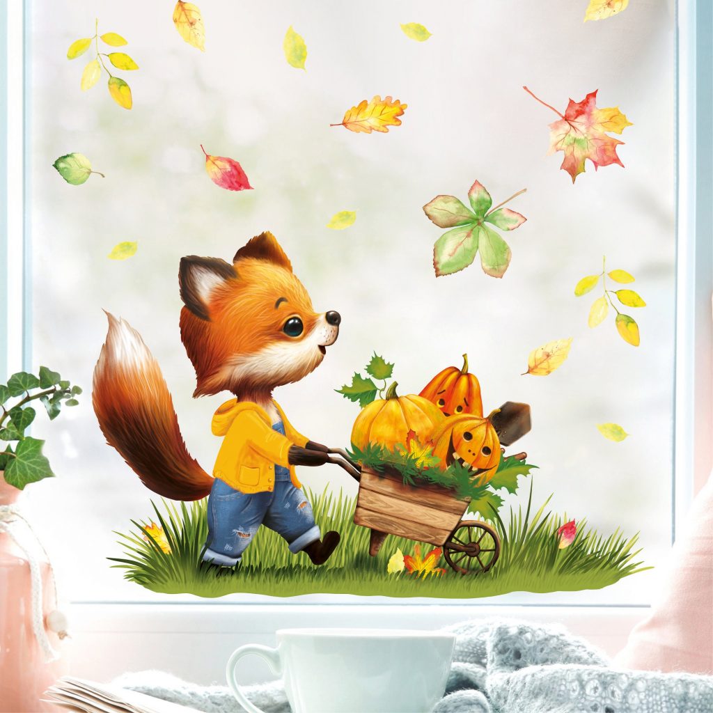 Fensterbild Herbst Herbstblätter Fuchs mit Schubkarre mit Kürbissen