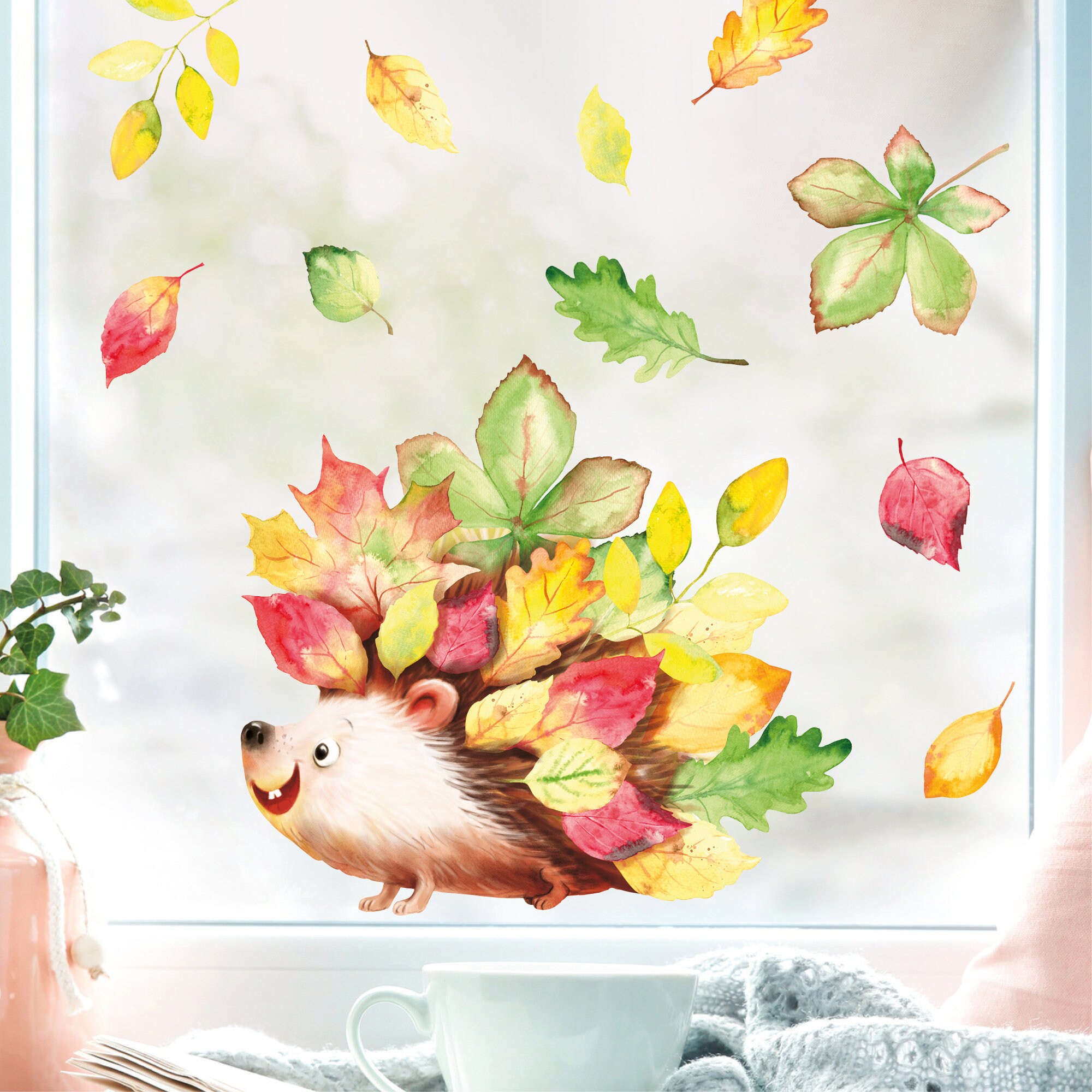 Fensterbild Herbst Herbstblätter Igel bunt wiederverwendbare Fensteraufkleber Kinderzimmer Baby Kind