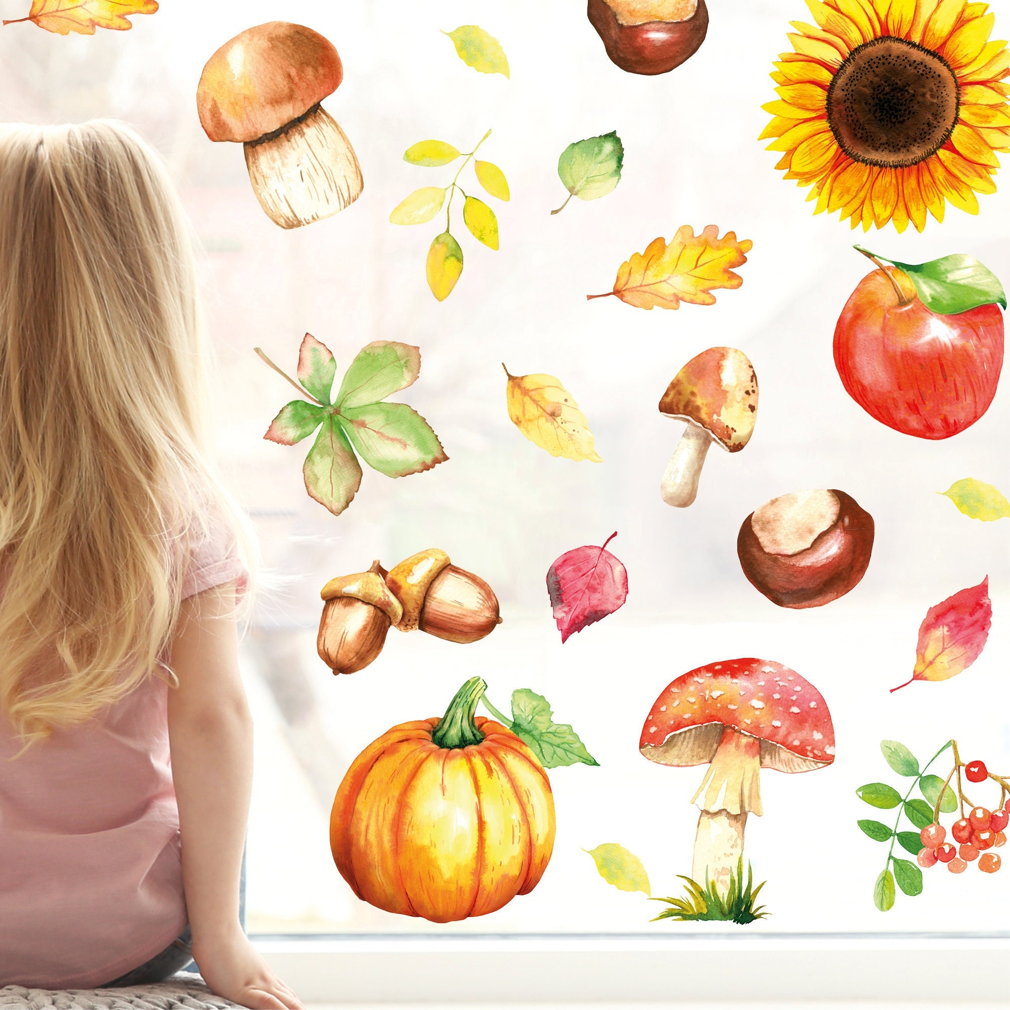 Fensterbild Herbst Herbstfrüchte Herbstblätter Kastanie Halloween bunt wiederverwendbare Fensteraufkleber Kinderzimmer Baby Kind