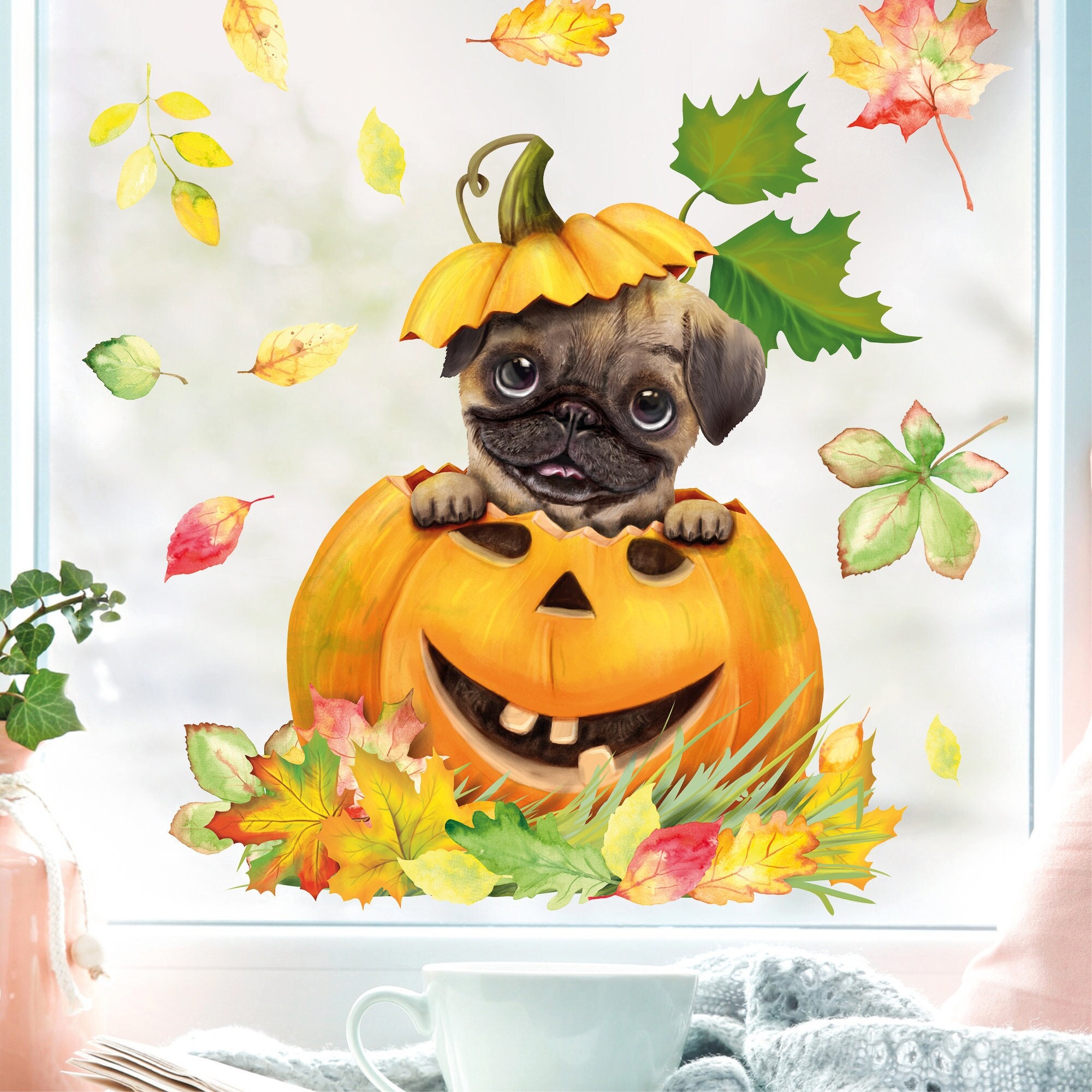 Fensterbild Herbst Herbstfrüchte Herbstblätter Kürbis mit Mops Hund Halloween bunt wiederverwendbare Fensteraufkleber Kinderzimmer Baby Kind