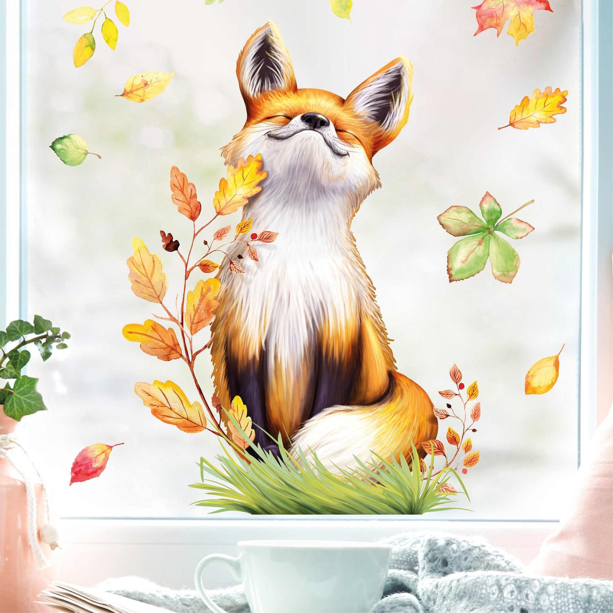 Fensterbild Herbst sitzender Fuchs mit Blättern, herbstlicher Fensteraufkleber Fensterdeko