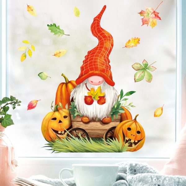 Auf dem Bild ist das Produkt: Fensterbild Herbst Zwerg mit Blättern und Kürbissen herbstlicher Fensteraufkleber Fensterdeko zum Preis von €13.90 abgebildet.