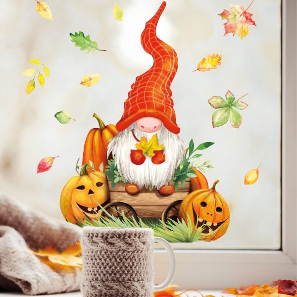Auf dem Bild ist das Produkt: Fensterbild Herbst Zwerg mit Blättern und Kürbissen herbstlicher Fensteraufkleber Fensterdeko zum Preis von €13.90 abgebildet.