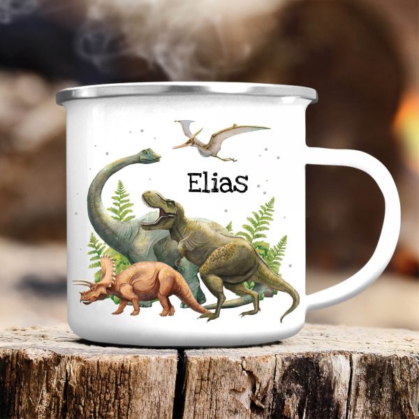Auf dem Bild ist das Produkt: Kindertasse Emaille Becher Dinosaurier Schulkind Einschulung Geschenk Schulanfang Schulkind personalisiert Wunschname zum Preis von €17.90 abgebildet.