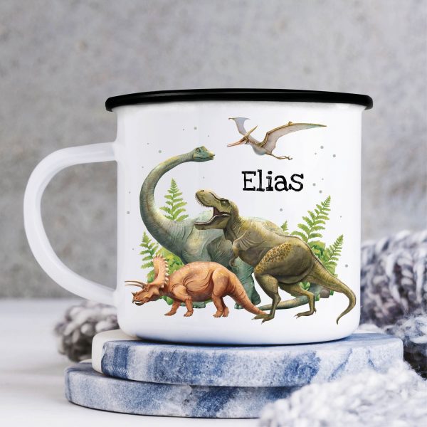 Auf dem Bild ist das Produkt: Kindertasse Emaille Becher Dinosaurier Schulkind Einschulung Geschenk Schulanfang Schulkind personalisiert Wunschname zum Preis von €17.90 abgebildet.