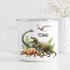 Auf dem Bild ist das Produkt: Kindertasse Emaille Becher Dinosaurier Schulkind Einschulung Geschenk Schulanfang Schulkind personalisiert Wunschname zum Preis von €17.90 abgebildet.