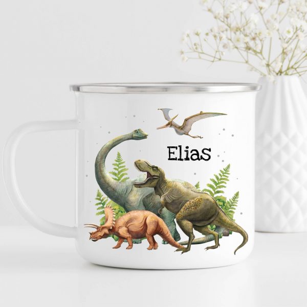 Auf dem Bild ist das Produkt: Kindertasse Emaille Becher Dinosaurier Schulkind Einschulung Geschenk Schulanfang Schulkind personalisiert Wunschname zum Preis von €17.90 abgebildet.