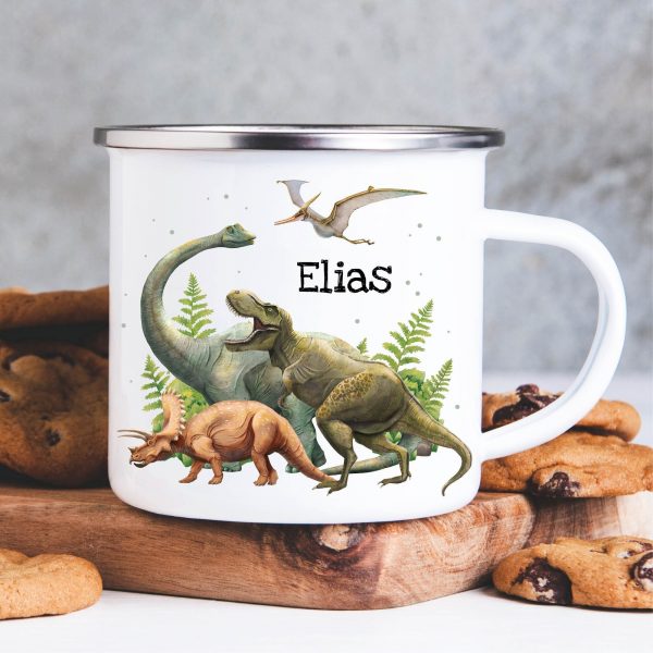Auf dem Bild ist das Produkt: Kindertasse Emaille Becher Dinosaurier Schulkind Einschulung Geschenk Schulanfang Schulkind personalisiert Wunschname zum Preis von €17.90 abgebildet.