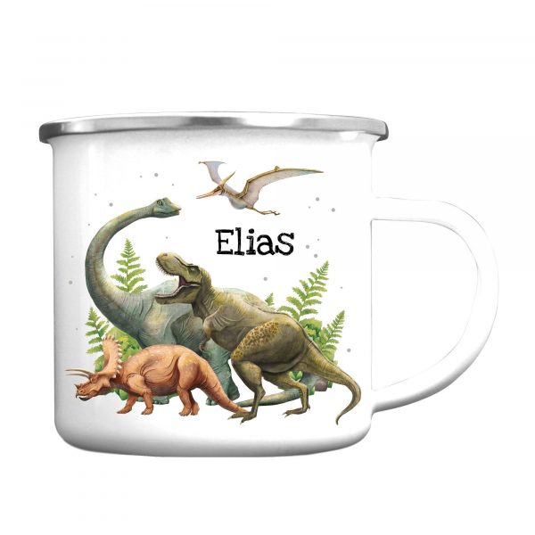 Auf dem Bild ist das Produkt: Kindertasse Emaille Becher Dinosaurier Schulkind Einschulung Geschenk Schulanfang Schulkind personalisiert Wunschname zum Preis von €17.90 abgebildet.