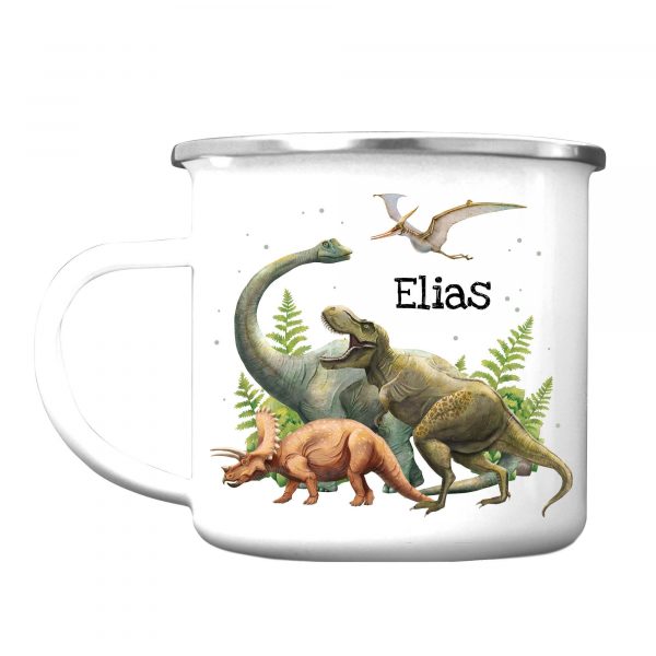 Auf dem Bild ist das Produkt: Kindertasse Emaille Becher Dinosaurier Schulkind Einschulung Geschenk Schulanfang Schulkind personalisiert Wunschname zum Preis von €17.90 abgebildet.