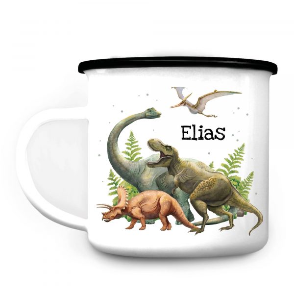 Auf dem Bild ist das Produkt: Kindertasse Emaille Becher Dinosaurier Schulkind Einschulung Geschenk Schulanfang Schulkind personalisiert Wunschname zum Preis von €17.90 abgebildet.