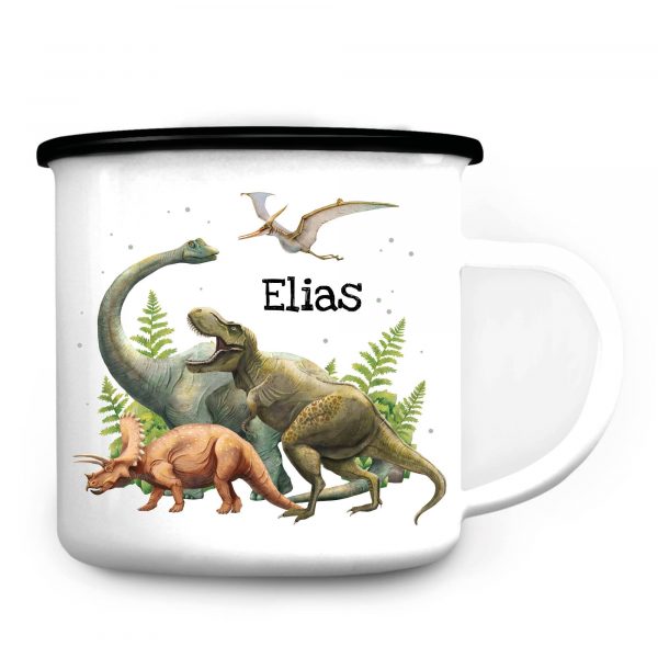 Auf dem Bild ist das Produkt: Kindertasse Emaille Becher Dinosaurier Schulkind Einschulung Geschenk Schulanfang Schulkind personalisiert Wunschname zum Preis von €17.90 abgebildet.