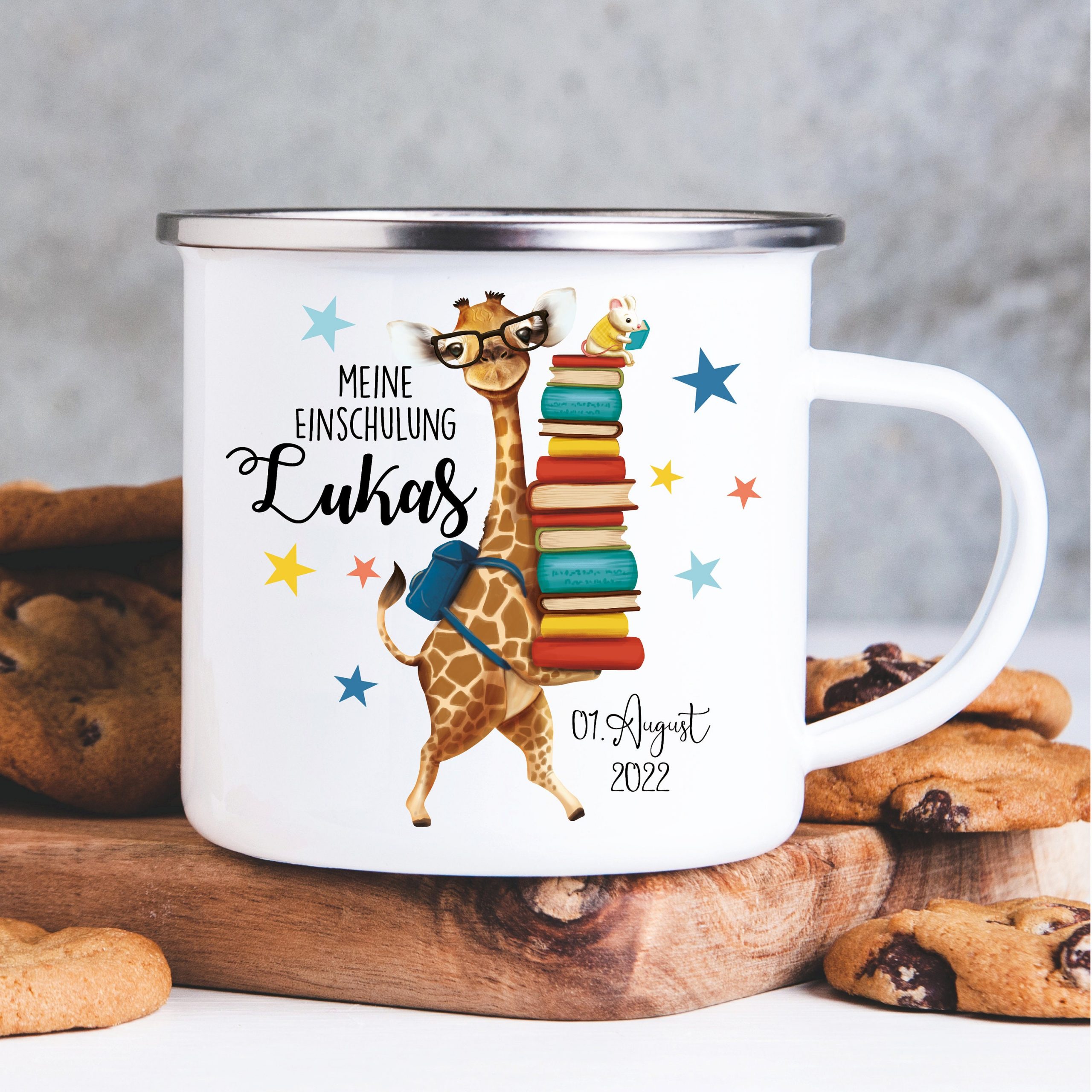 Kindertasse Emaille Becher Giraffe Brille Bücher Maus Schulkind Einschulung Geschenk Schulanfang