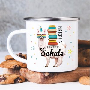 Auf dem Bild ist das Produkt: Kindertasse Emaille Becher Lama Schulkind Einschulung Geschenk Schultüte Schulanfang zum Preis von €18.90 abgebildet.