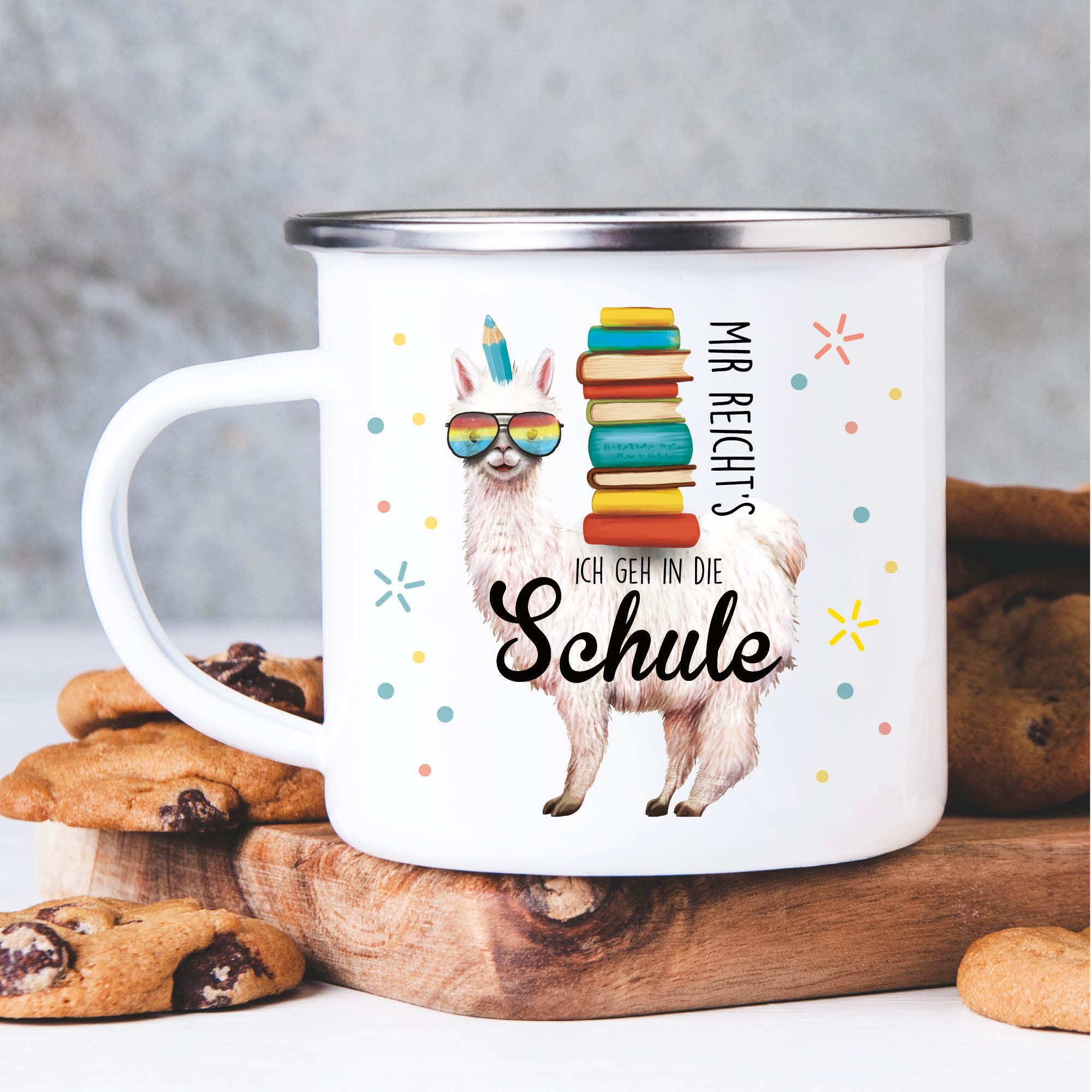 Kindertasse Emaille Becher Lama Schulkind Einschulung Geschenk Schultüte Schulanfang