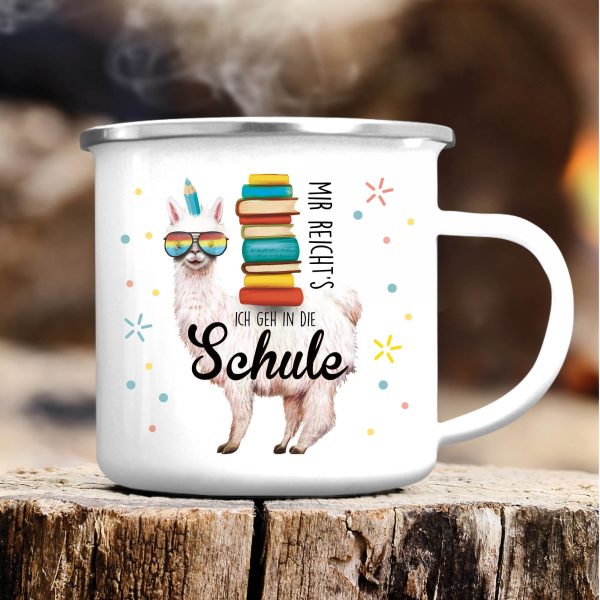 Auf dem Bild ist das Produkt: Kindertasse Emaille Becher Lama Schulkind Einschulung Geschenk Schultüte Schulanfang zum Preis von €18.90 abgebildet.