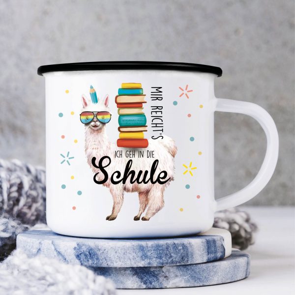 Auf dem Bild ist das Produkt: Kindertasse Emaille Becher Lama Schulkind Einschulung Geschenk Schultüte Schulanfang zum Preis von €18.90 abgebildet.