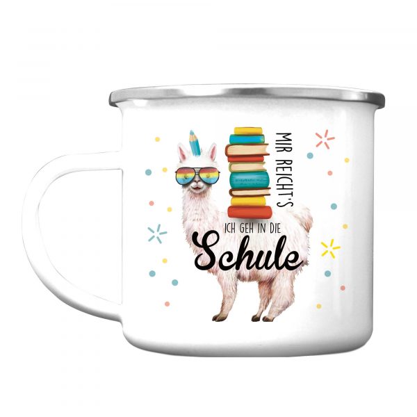 Auf dem Bild ist das Produkt: Kindertasse Emaille Becher Lama Schulkind Einschulung Geschenk Schultüte Schulanfang zum Preis von €18.90 abgebildet.