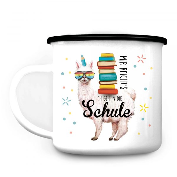 Auf dem Bild ist das Produkt: Kindertasse Emaille Becher Lama Schulkind Einschulung Geschenk Schultüte Schulanfang zum Preis von €18.90 abgebildet.
