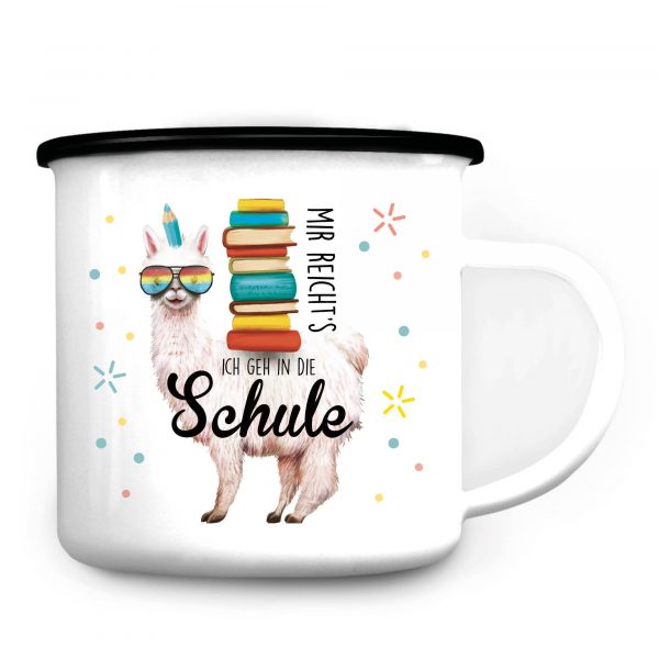 Auf dem Bild ist das Produkt: Kindertasse Emaille Becher Lama Schulkind Einschulung Geschenk Schultüte Schulanfang zum Preis von €18.90 abgebildet.