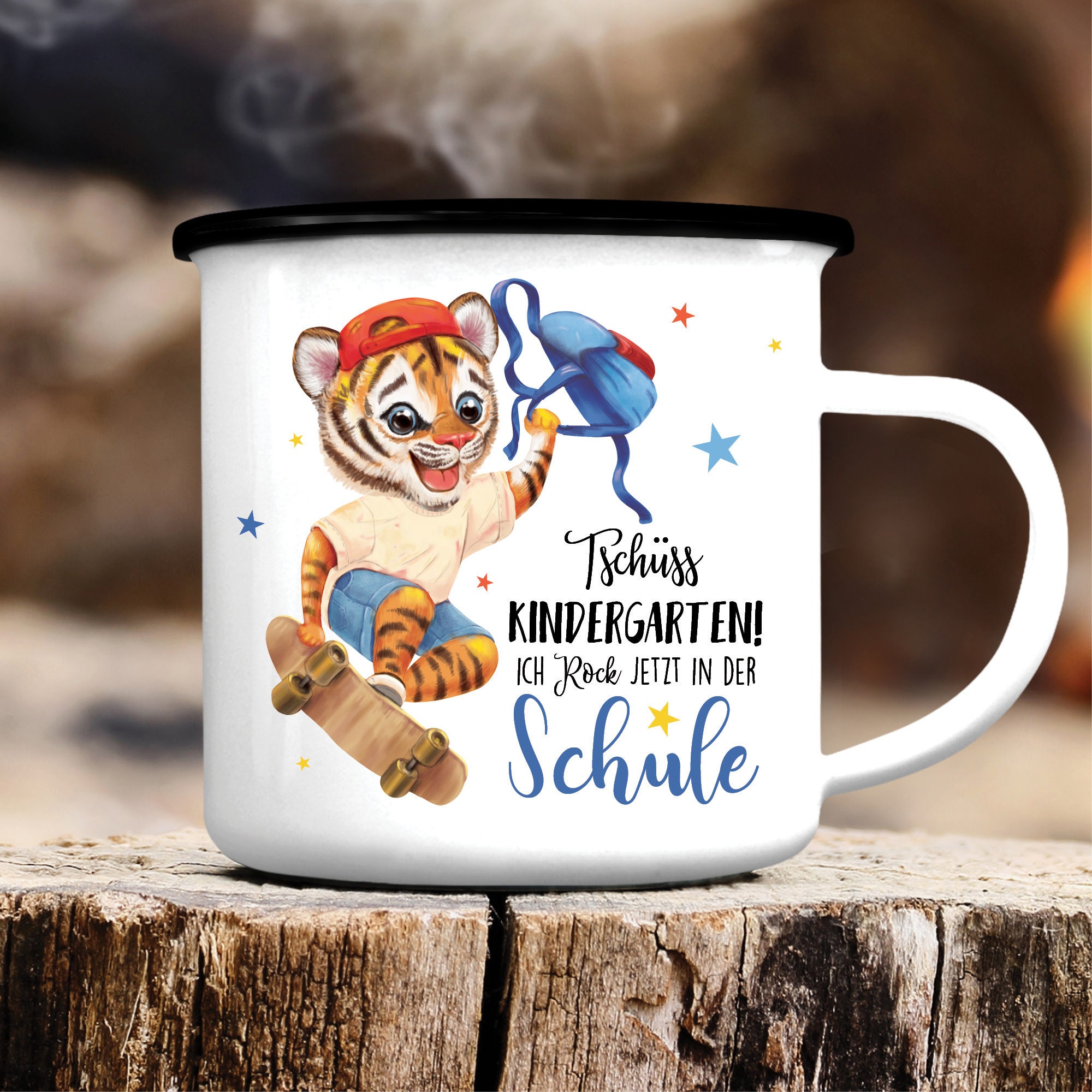 Kindertasse Emaille Becher Tiger Schulkind Einschulung Geschenk Skateboard Schulanfang Wunschname