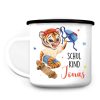 Auf dem Bild ist das Produkt: Kindertasse Emaille Becher Tiger Schulkind Einschulung Geschenk Skateboard Schulanfang Wunschname zum Preis von €18.9 abgebildet.
