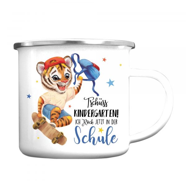 Auf dem Bild ist das Produkt: Kindertasse Emaille Becher Tiger Schulkind Einschulung Geschenk Skateboard Schulanfang Wunschname zum Preis von €18.9 abgebildet.