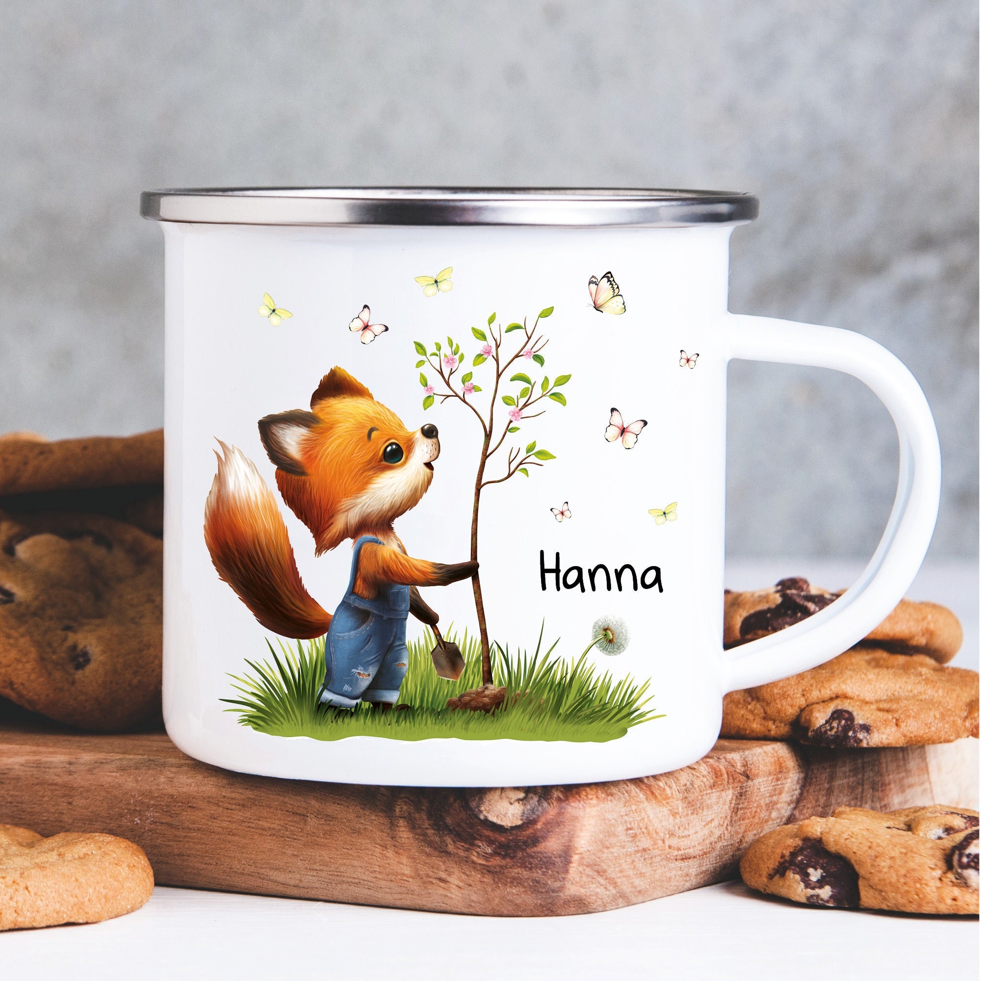 Kindertasse Emaille Campingbecher Fuchs Baum Schmetterlinge personalisiert Wunschname Name Geschenk Geburtstag, Ostergeschenk