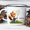 Auf dem Bild ist das Produkt: Kindertasse Emaille Campingbecher Fuchs Baum Schmetterlinge personalisiert Wunschname Name Geschenk Geburtstag, Ostergeschenk zum Preis von €18.9 abgebildet.