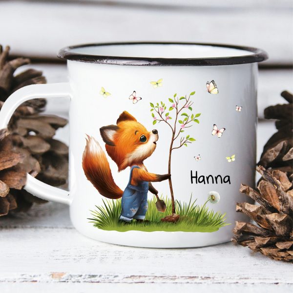 Auf dem Bild ist das Produkt: Kindertasse Emaille Campingbecher Fuchs Baum Schmetterlinge personalisiert Wunschname Name Geschenk Geburtstag, Ostergeschenk zum Preis von €18.9 abgebildet.