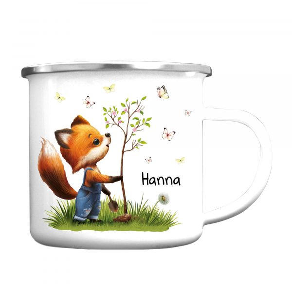 Auf dem Bild ist das Produkt: Kindertasse Emaille Campingbecher Fuchs Baum Schmetterlinge personalisiert Wunschname Name Geschenk Geburtstag, Ostergeschenk zum Preis von €18.9 abgebildet.