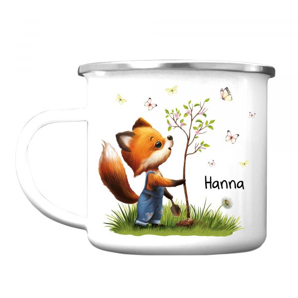Auf dem Bild ist das Produkt: Kindertasse Emaille Campingbecher Fuchs Baum Schmetterlinge personalisiert Wunschname Name Geschenk Geburtstag, Ostergeschenk zum Preis von €18.9 abgebildet.