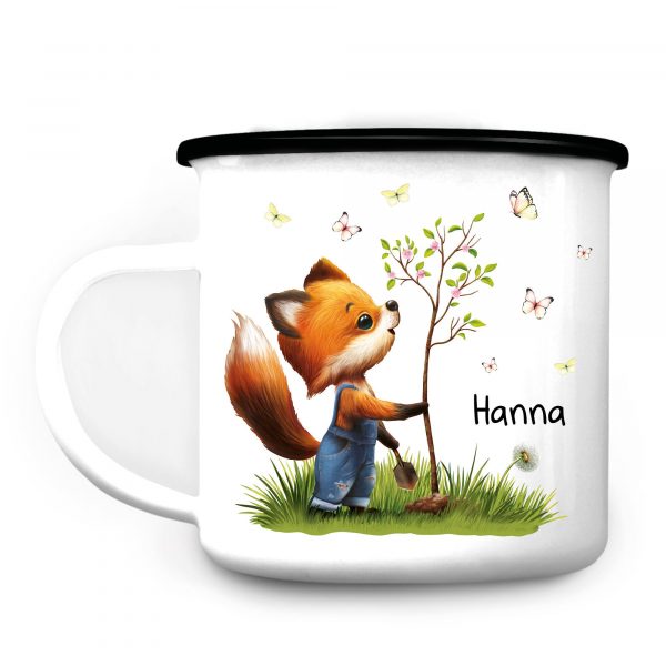 Auf dem Bild ist das Produkt: Kindertasse Emaille Campingbecher Fuchs Baum Schmetterlinge personalisiert Wunschname Name Geschenk Geburtstag, Ostergeschenk zum Preis von €18.9 abgebildet.