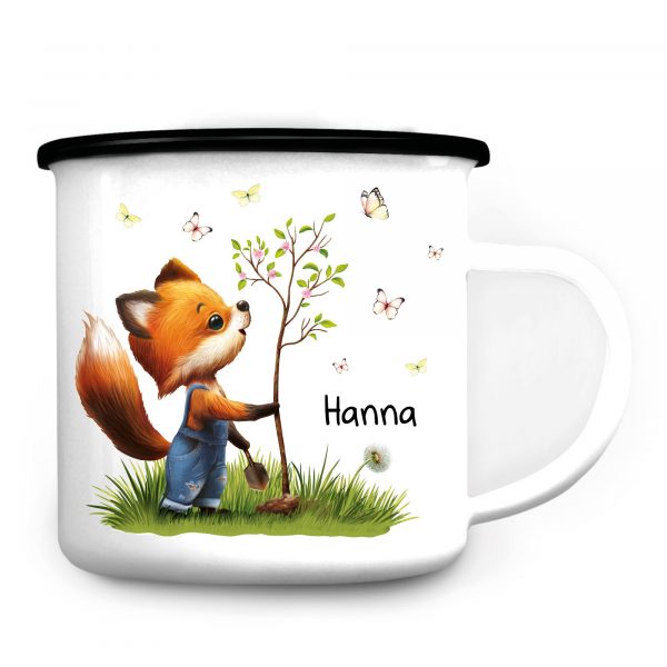 Auf dem Bild ist das Produkt: Kindertasse Emaille Campingbecher Fuchs Baum Schmetterlinge personalisiert Wunschname Name Geschenk Geburtstag, Ostergeschenk zum Preis von €18.9 abgebildet.