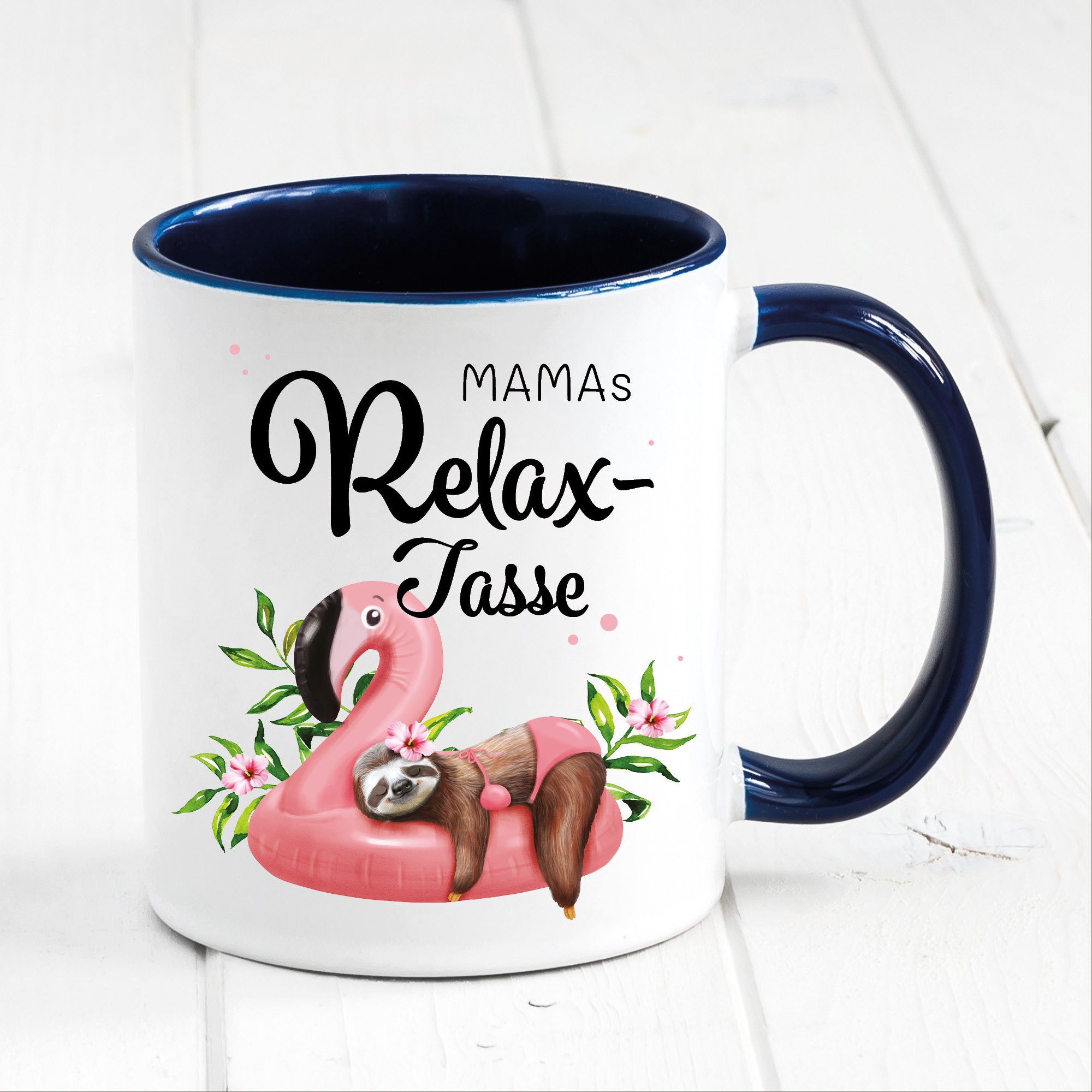 Relax Tasse bunt personalisiert Faultier auf Flamingo Geschenk Becher