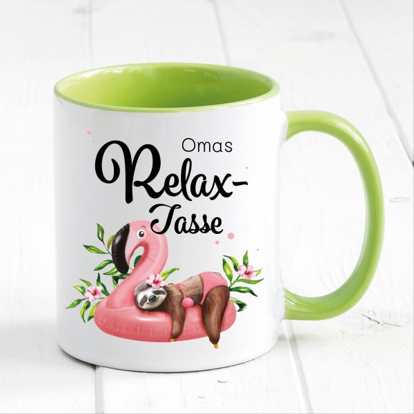 Auf dem Bild ist das Produkt: Relax Tasse bunt personalisiert Faultier auf Flamingo Geschenk Becher zum Preis von €18.9 abgebildet.