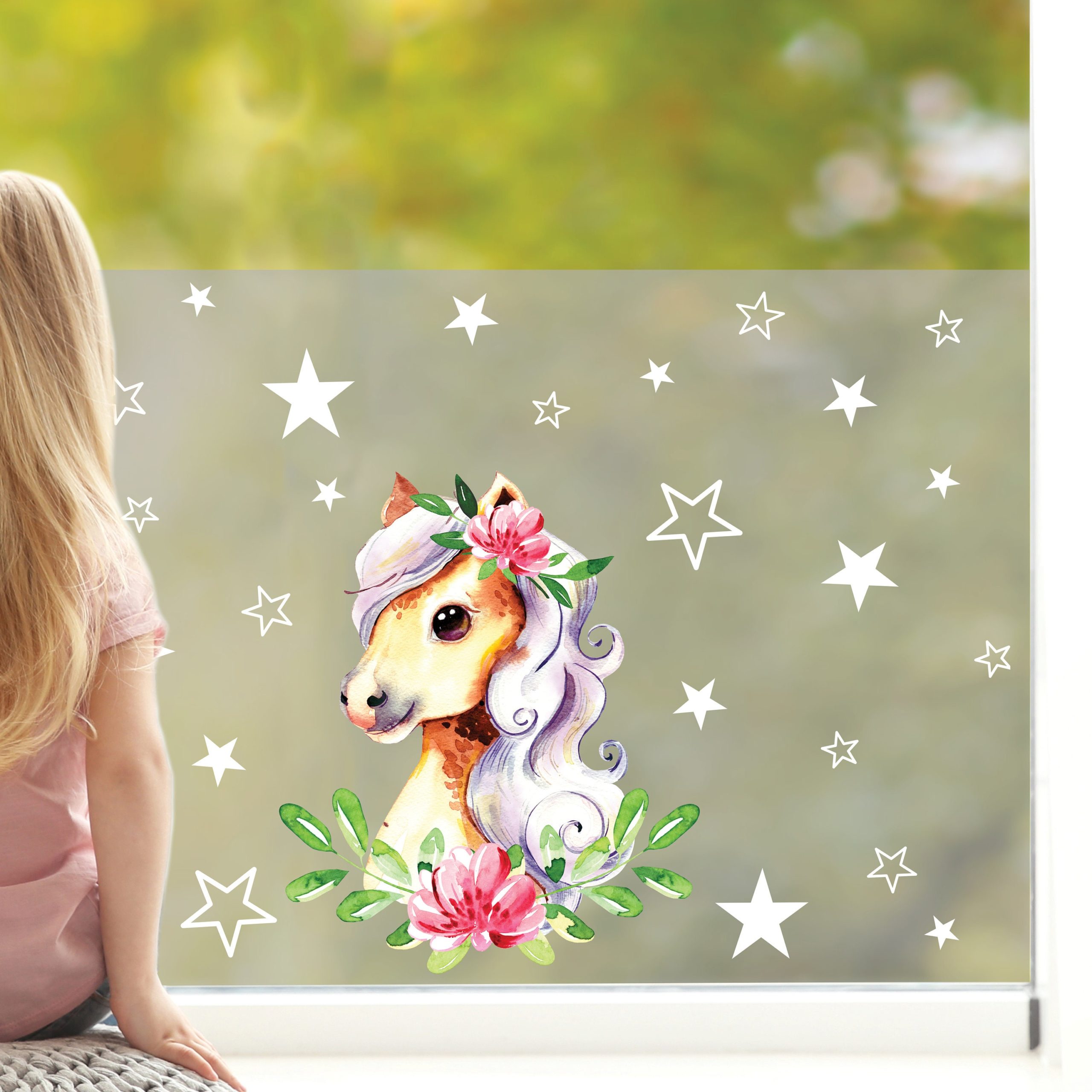 Sichtschutzfolie Kinderzimmer Pferd Fensterfolie Fensterdeko Milchglasfolie