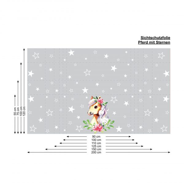 Auf dem Bild ist das Produkt: Sichtschutzfolie Kinderzimmer Pferd Fensterfolie Fensterdeko Milchglasfolie Mädchen Zimmer zum Preis von €24.9 abgebildet.