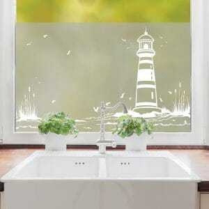 Auf dem Bild ist das Produkt: Sichtschutzfolie Leuchtturm maritime Fensterfolie Fensterdeko Milchglasfolie zum Preis von €24.9 abgebildet.