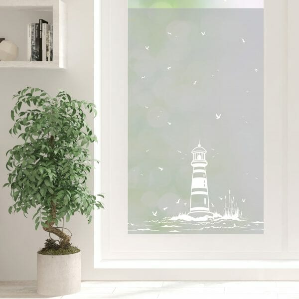 Auf dem Bild ist das Produkt: Sichtschutzfolie Leuchtturm maritime Fensterfolie Fensterdeko Milchglasfolie zum Preis von €34.90 abgebildet.