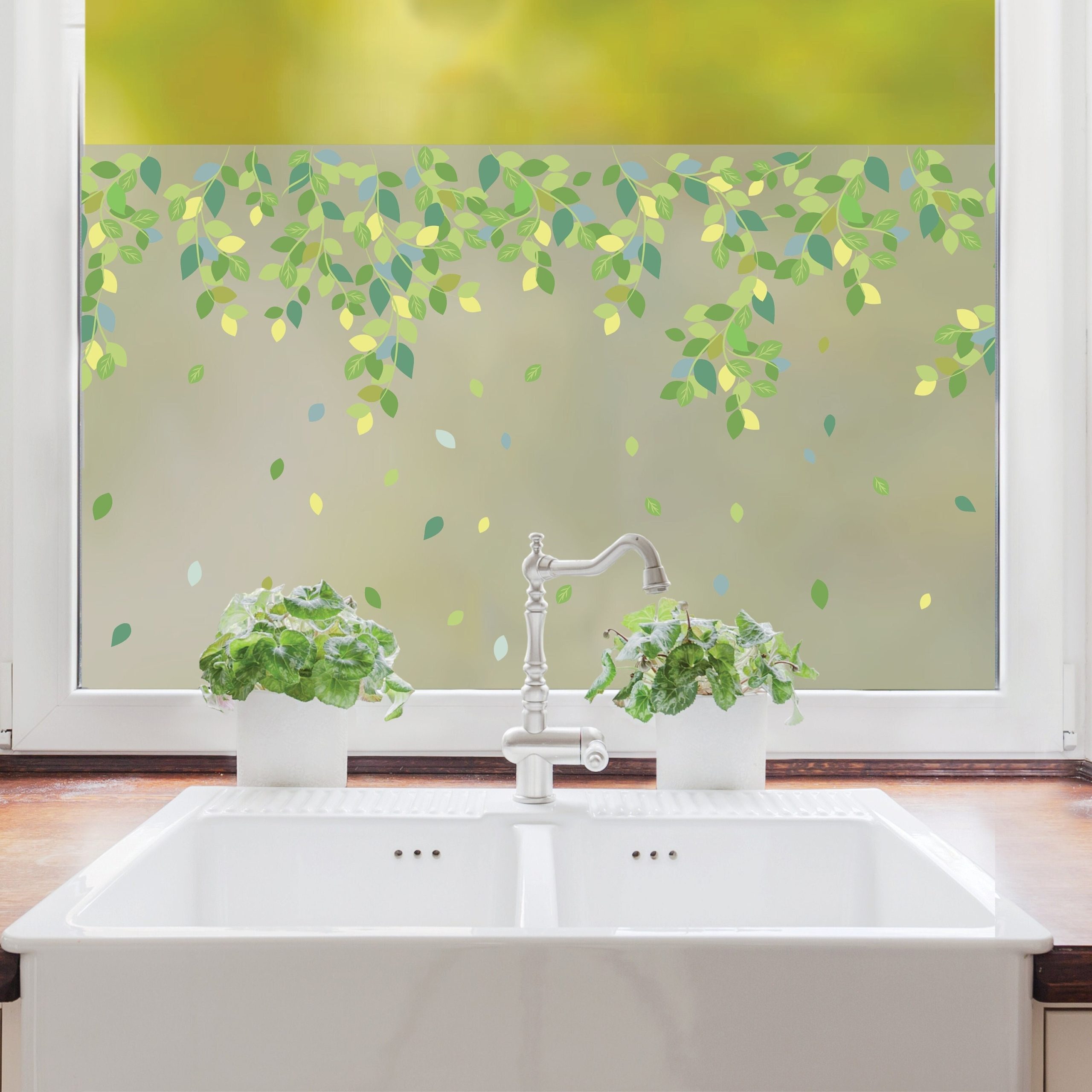 Sichtschutzfolie mit Blättern an Zweigen, Fensterfolie Fensterdeko Milchglasfolie