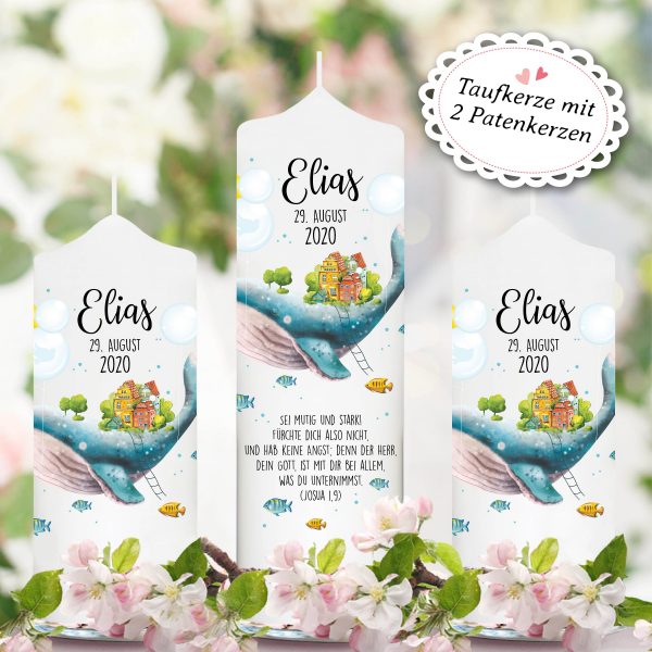 Auf dem Bild ist das Produkt: Taufkerze Junge Mädchen Wal Fische mit Namen Datum und Taufspruch Kerze zur Taufe zum Preis von €5.9 abgebildet.