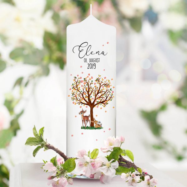 Auf dem Bild ist das Produkt: Taufkerze Kerze zur Taufe Baum Lebensbaum Taufspruch individualisierbar Hase und Reh zum Preis von €5.90 abgebildet.
